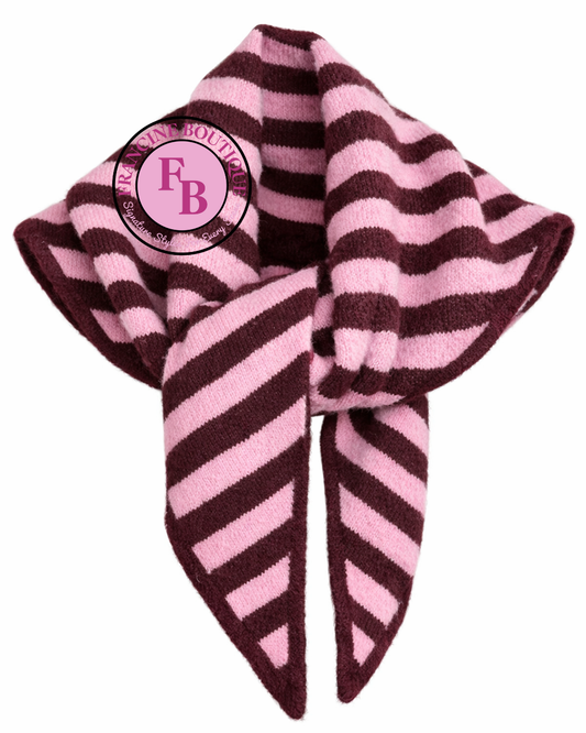 STRIPE KNIT NECK SCARF BURGUNDY & PINK *New