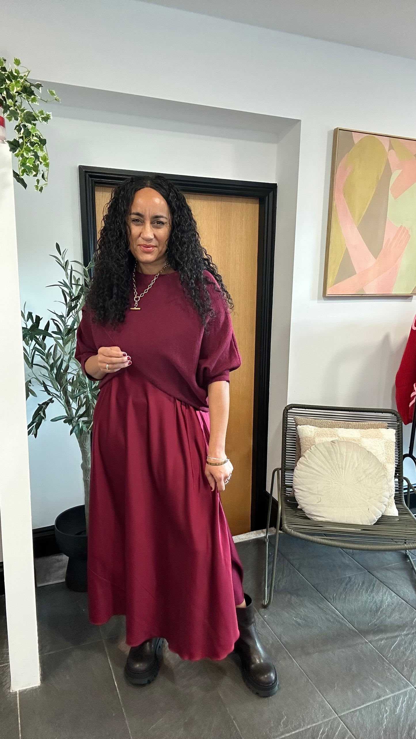 MABLE OPEN KNIT AND SATIN MAXI DRESS BURGUNDY *New