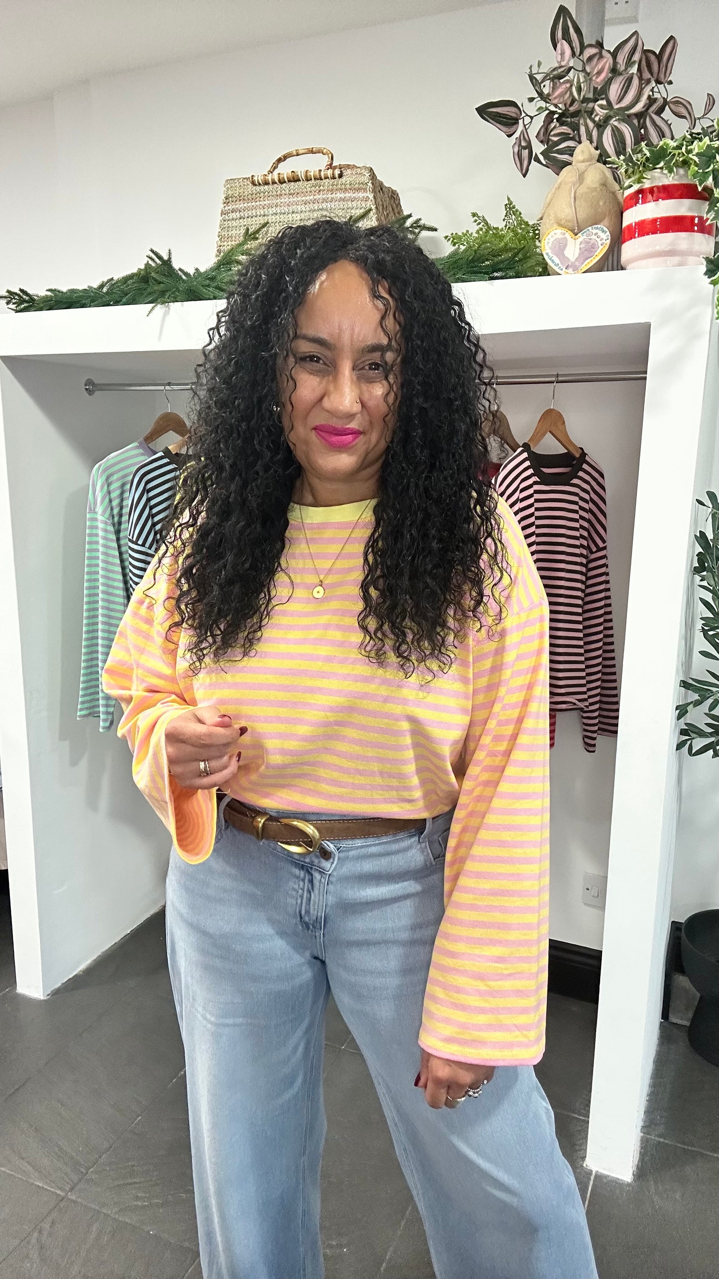 BELLE STRIPE TOP WITH WIDE SLEEVES YELLIOW & PINK *New