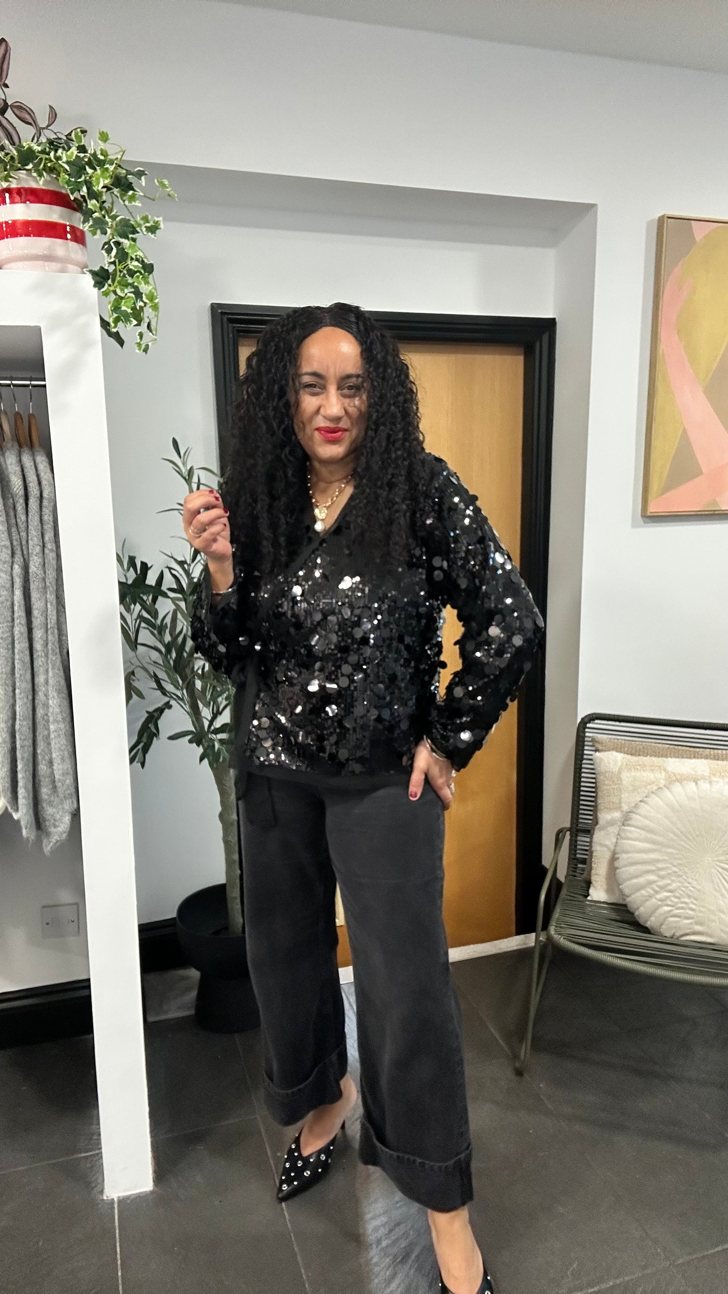 KRIS SEQUIN WRAP TIE BLOUSE BLACK *New