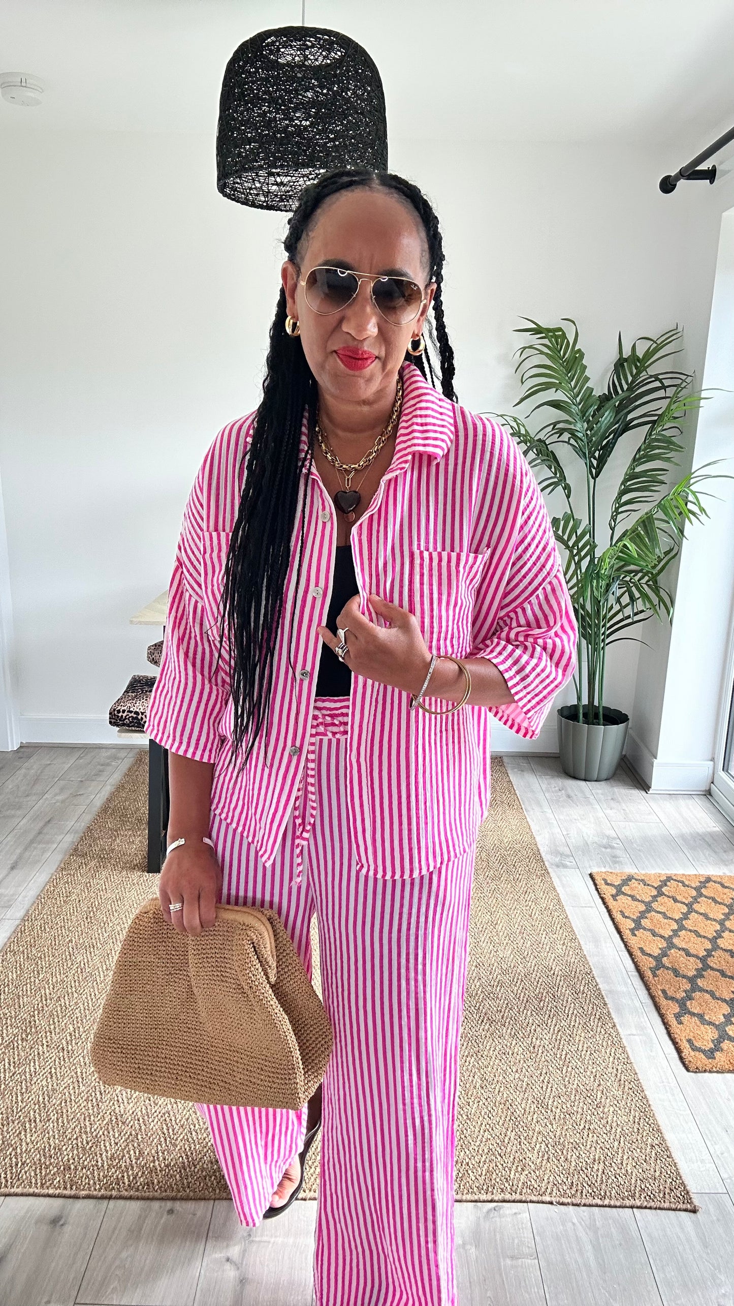 IBIZA ABE STRIPE SHIRT COORD SET PINK *New
