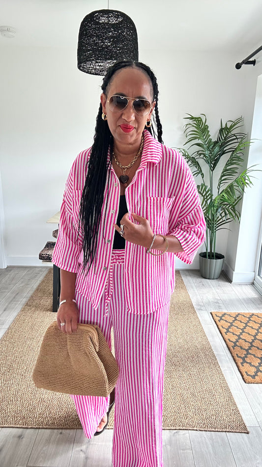 IBIZA ABE STRIPE SHIRT COORD SET PINK *New