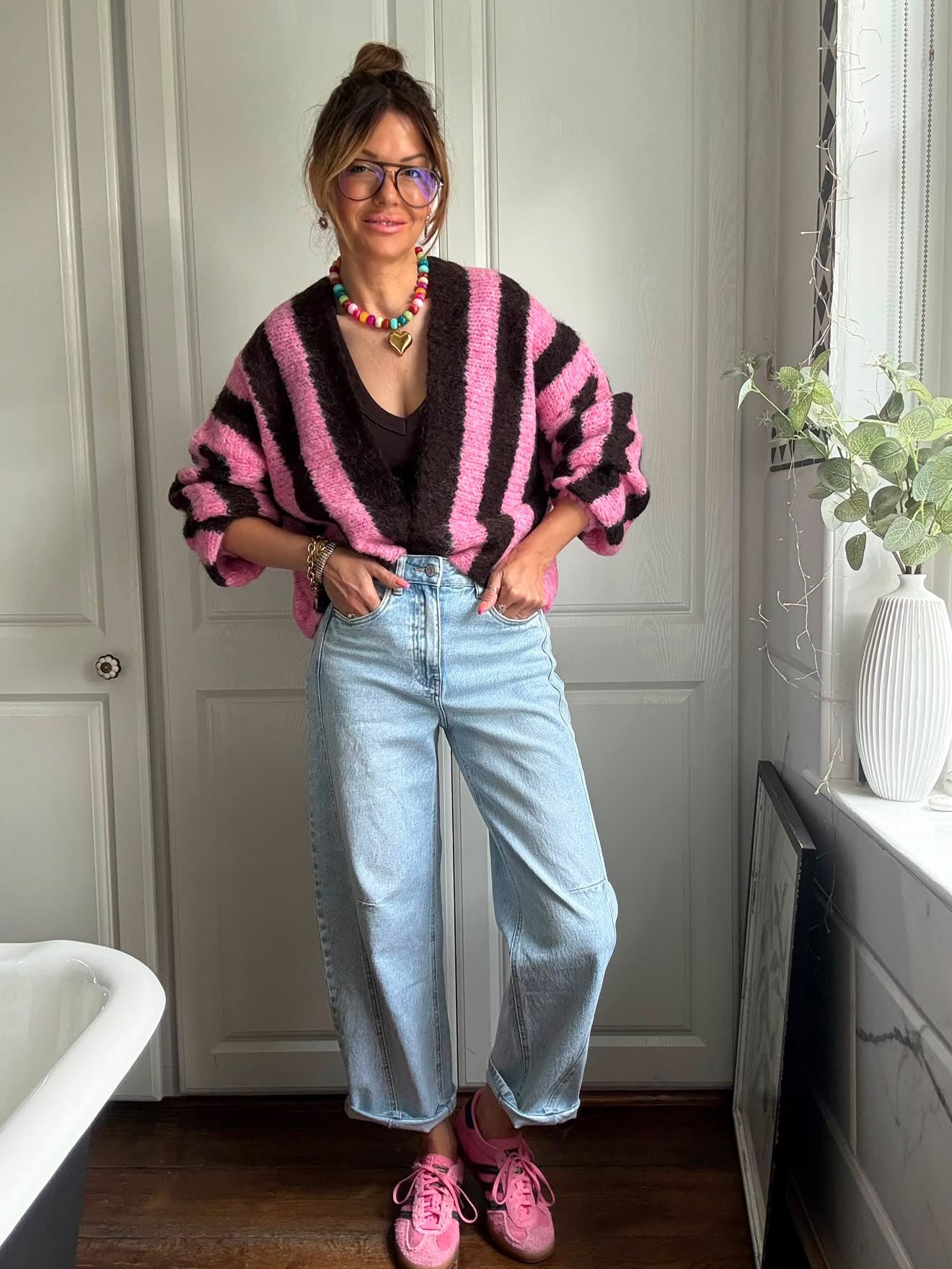 VESA STRIPE CARDIGAN PINK & BROWN *New
