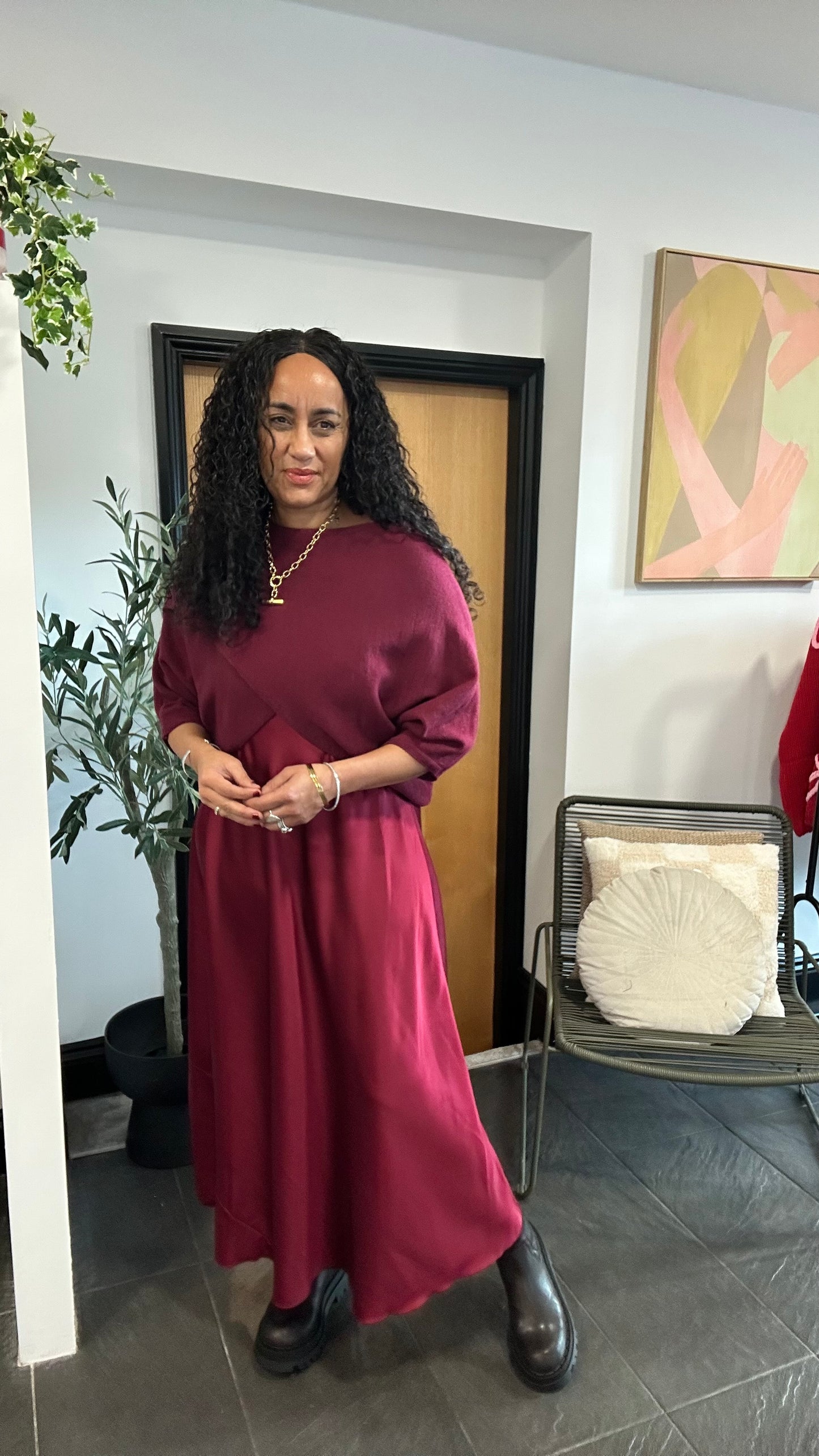 MABLE OPEN KNIT AND SATIN MAXI DRESS BURGUNDY *New