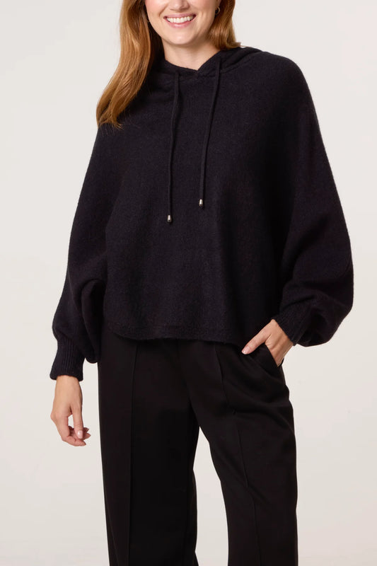 PUFF SLEEVE BOXY KNIT HOODIE BLACK *New