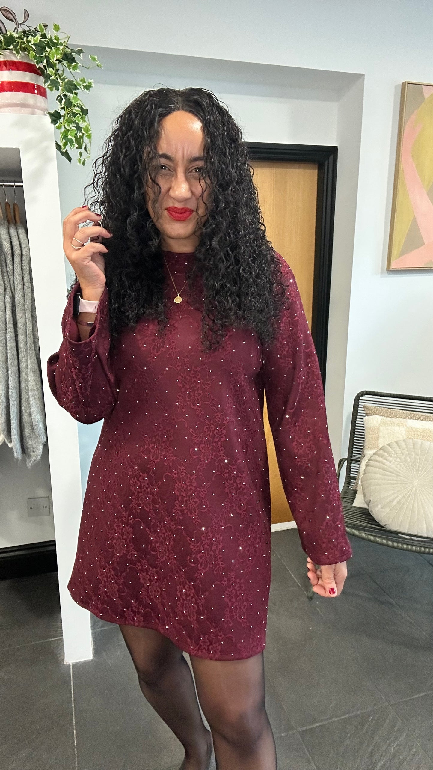 TERESA STUD DETAIL JACQUARD BOW BACK DRESS BURGUNDY WINE  *NEW