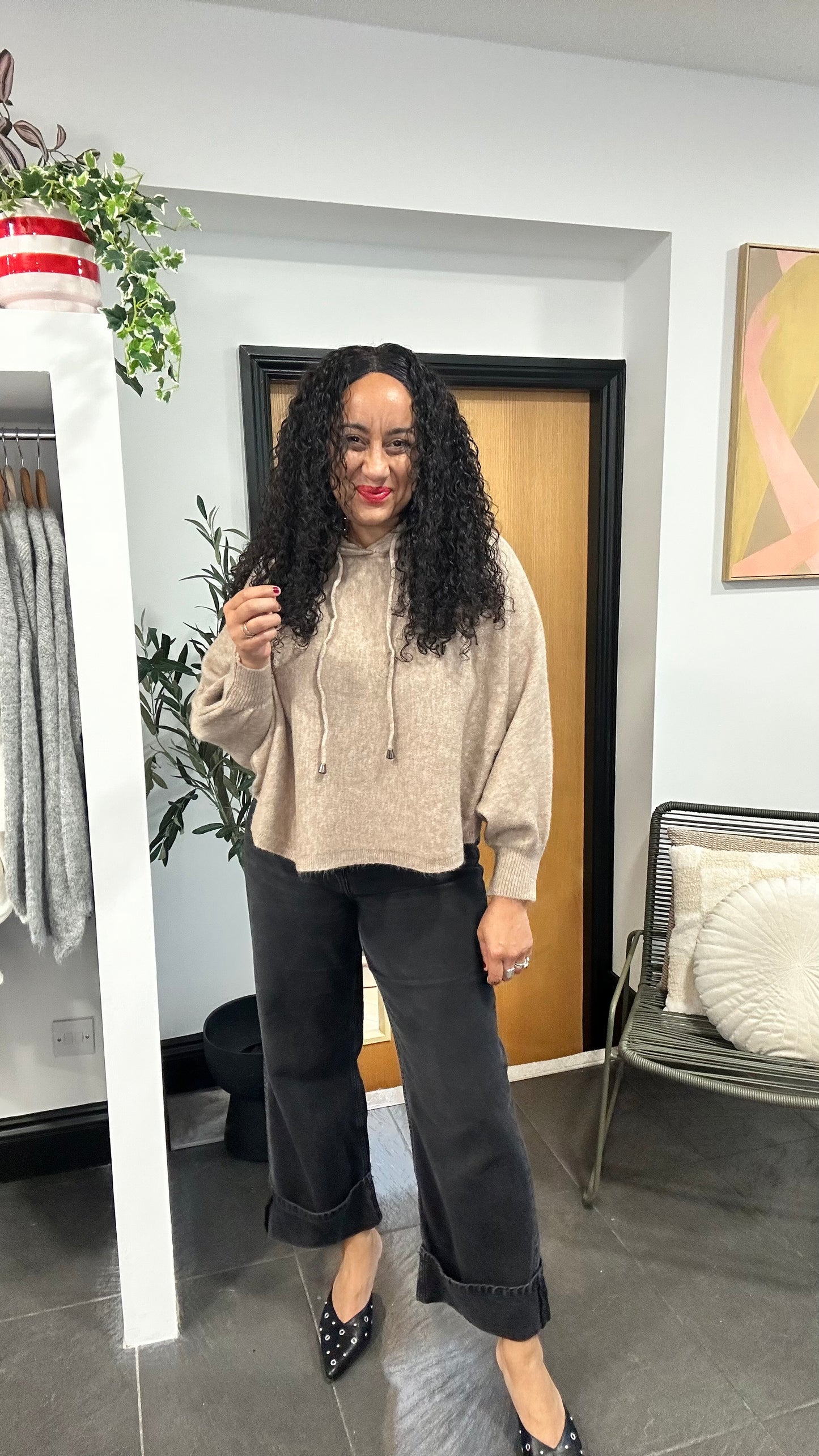 PUFF SLEEVE BOXY KNIT HOODIE MOCHA *New