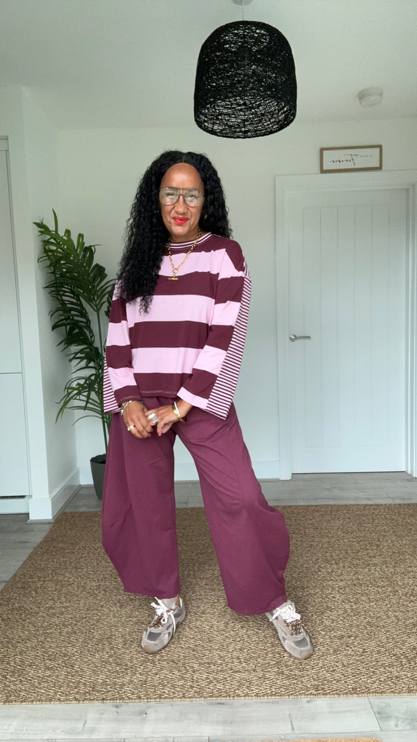 EIRA BLOCK STRIPE JERSEY TOP PINK & WINE *New