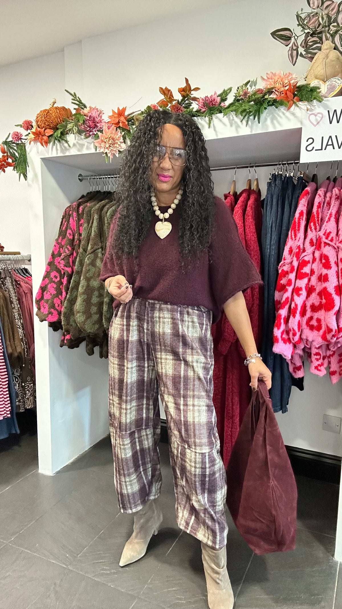 COSIMA PLAID TROUSERS PLUM *New