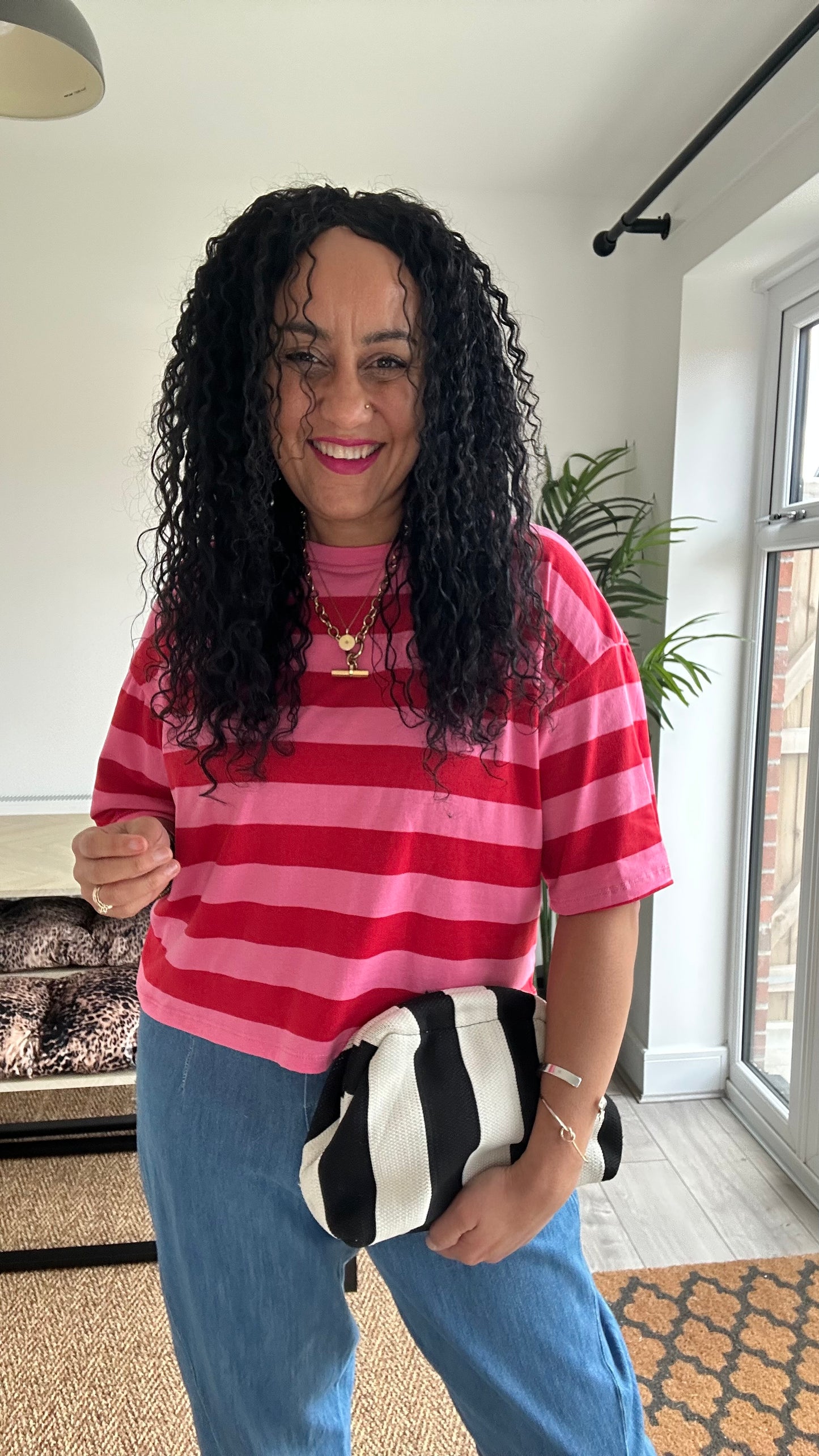 BOLD STRIPE RELAXED T SHIRT RED & PINK *New