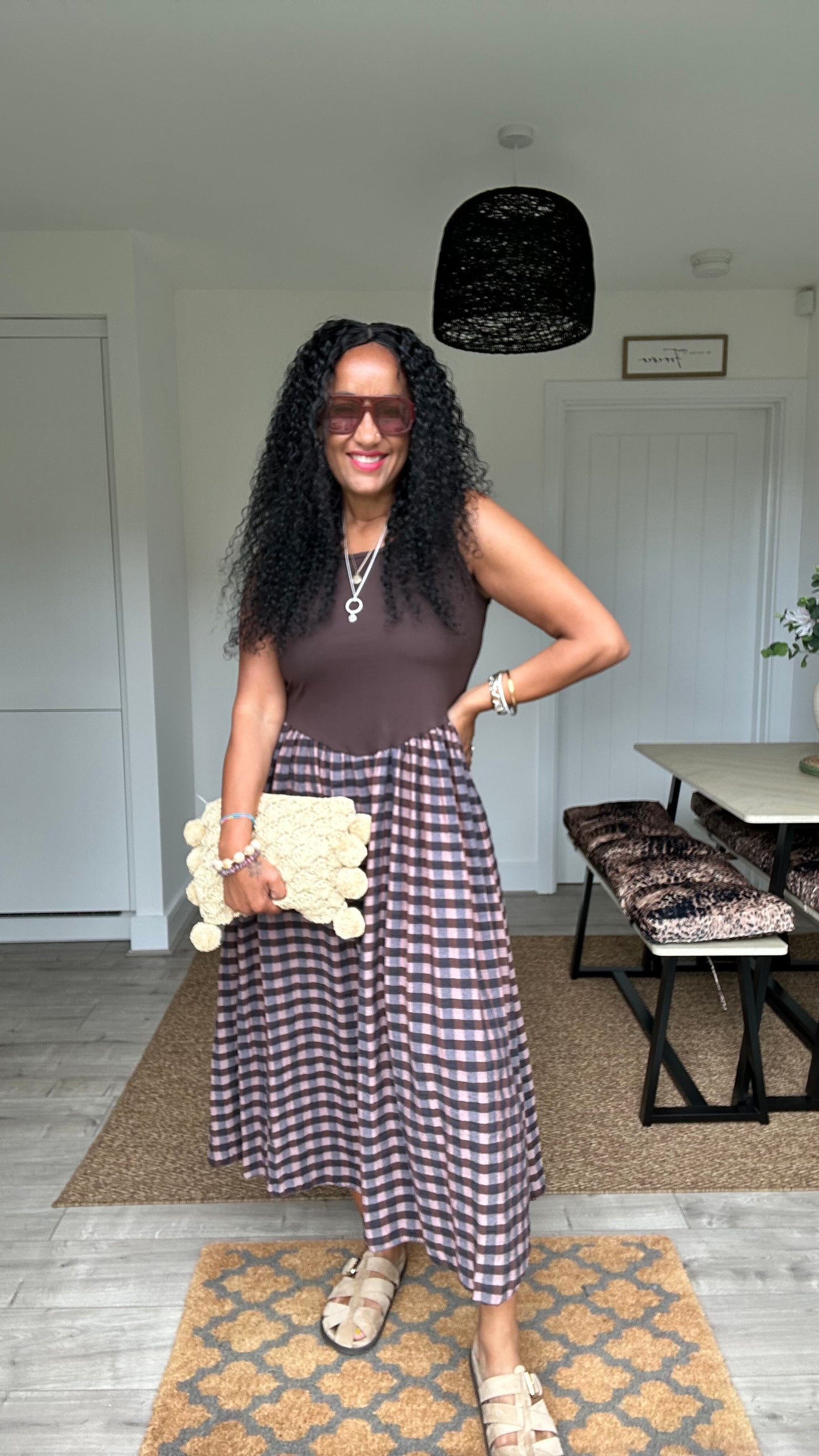 EVERY DAY CHECK MIDI DRESS BLUE & BROWN *New