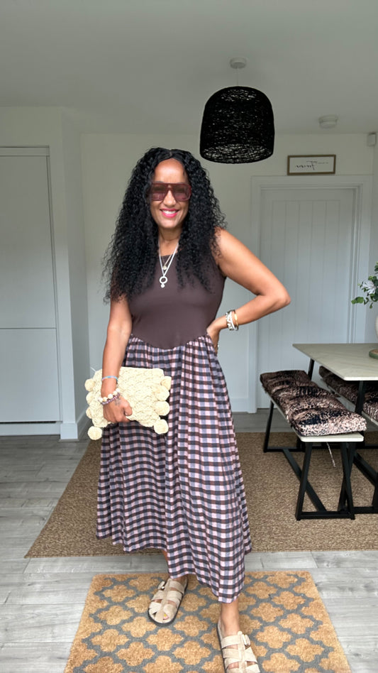 EVERY DAY CHECK MIDI DRESS BLUE & BROWN *New