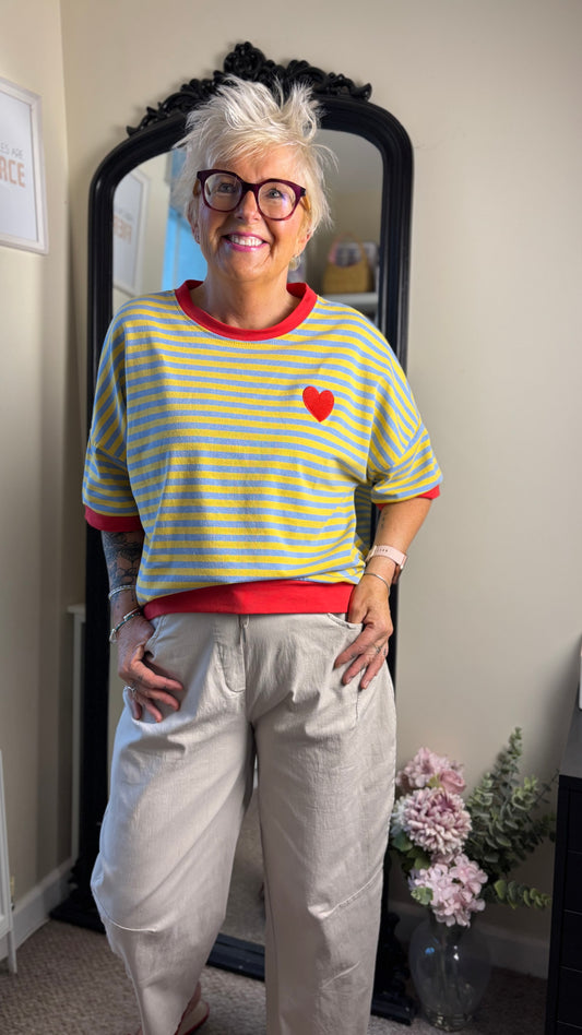 ALEX STRIPED HEART RELAXED T SHIRT YELLOW & BLUE *New