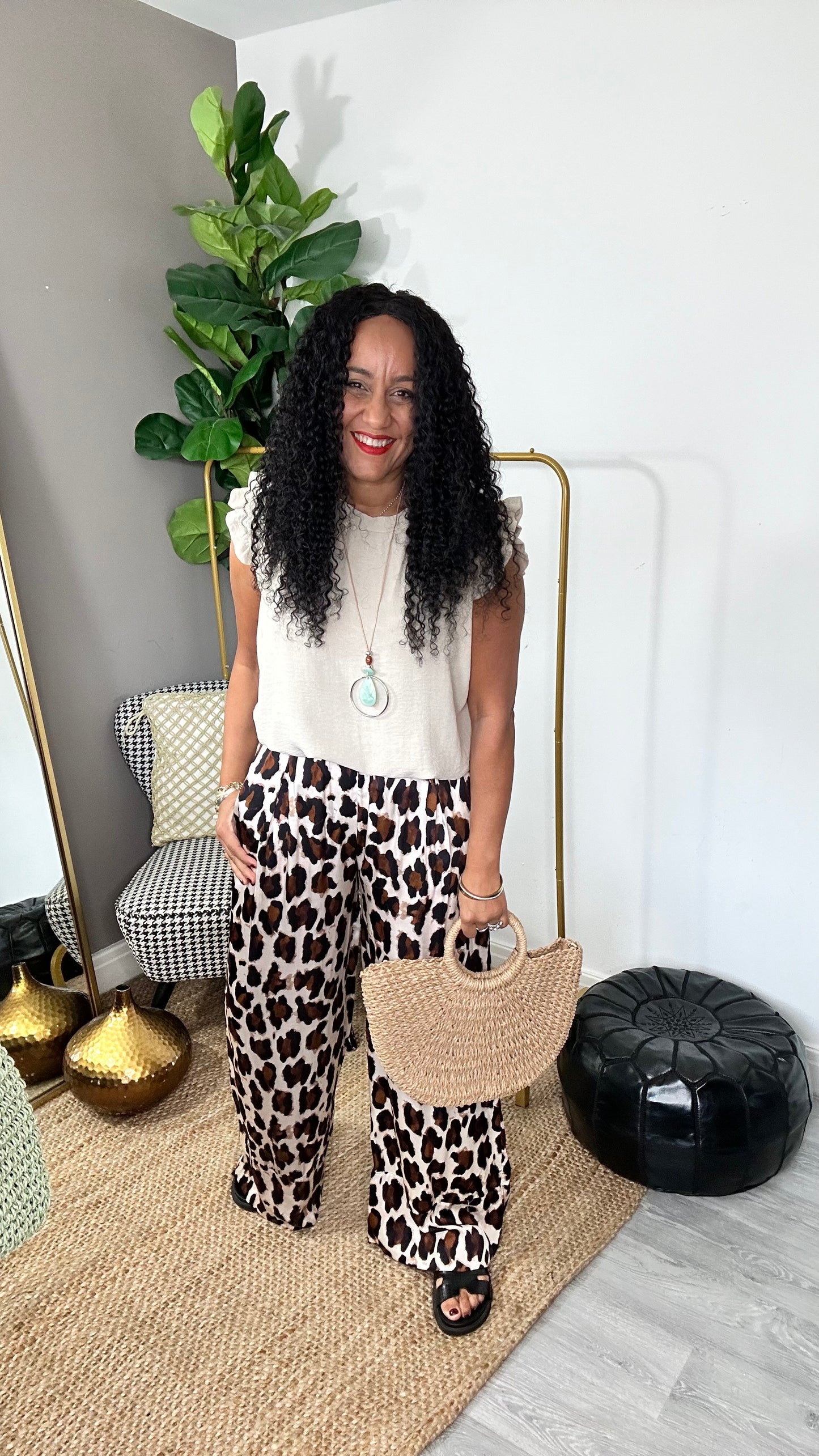 SALE SATIN LEOPARD PRINT WIDE LEG TROUSERS