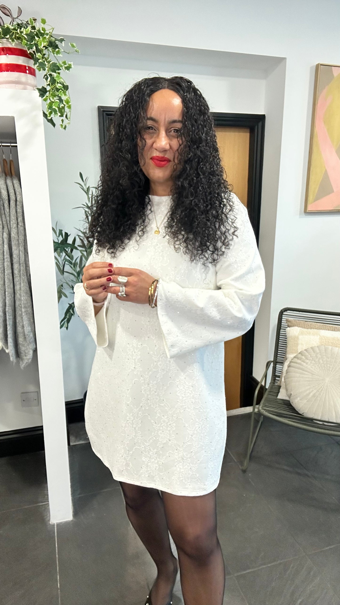 TERESA STUD DETAIL JACQUARD BOW BACK DRESS IVORY *NEW