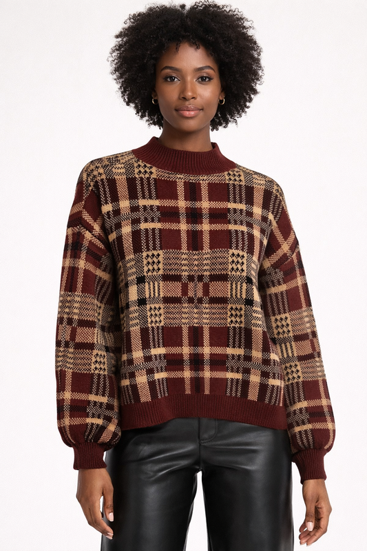 SALE TESS PLAID KNIT SWEATER WINE