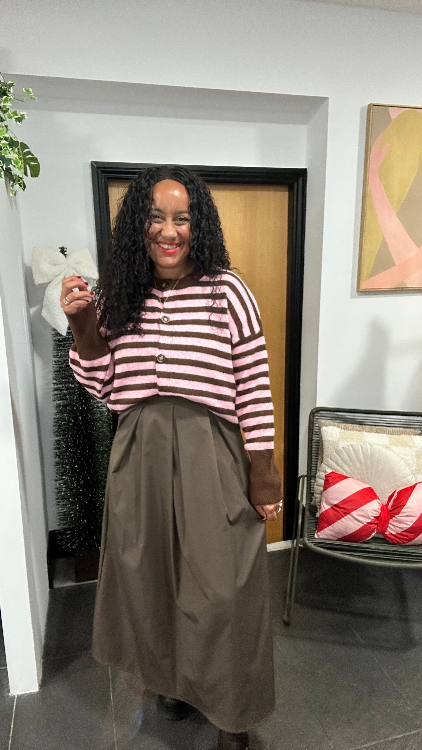 OWEN STRIPED CARDIGAN PINK & BROWN *New