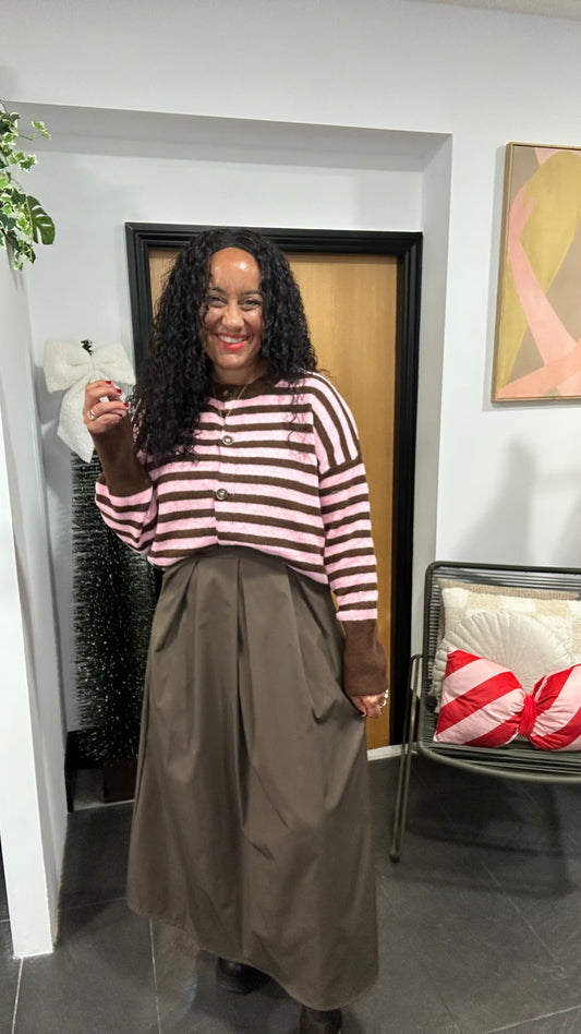 OWEN STRIPED CARDIGAN PINK & BROWN *New