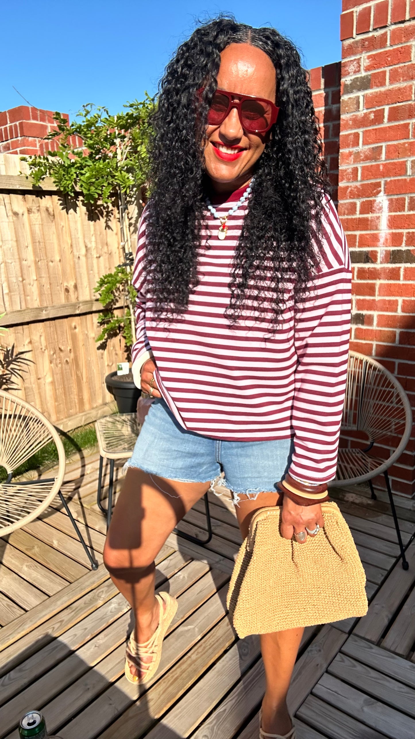 HEART LONG SLEEVED STRIPE TOP BURGUNDY & PINK CONTRAST *New