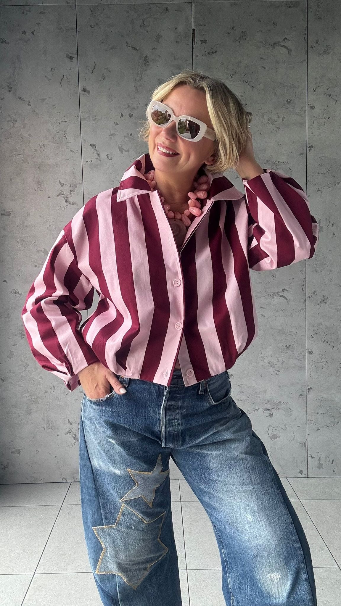 CANDY STRIPE DENIM JACKET BURGUNDY & PINK  *New
