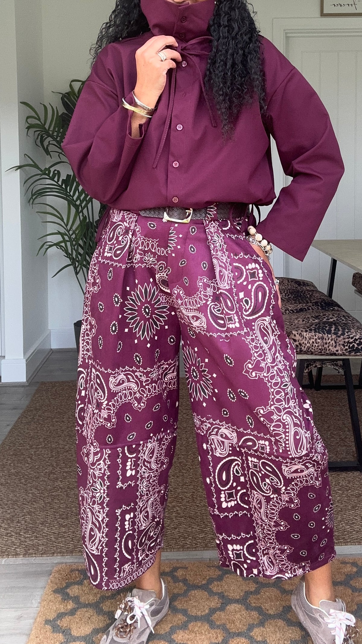 CAMERON PAISLEY PRINTED BARREL LEG TROUSERS PLUM *New