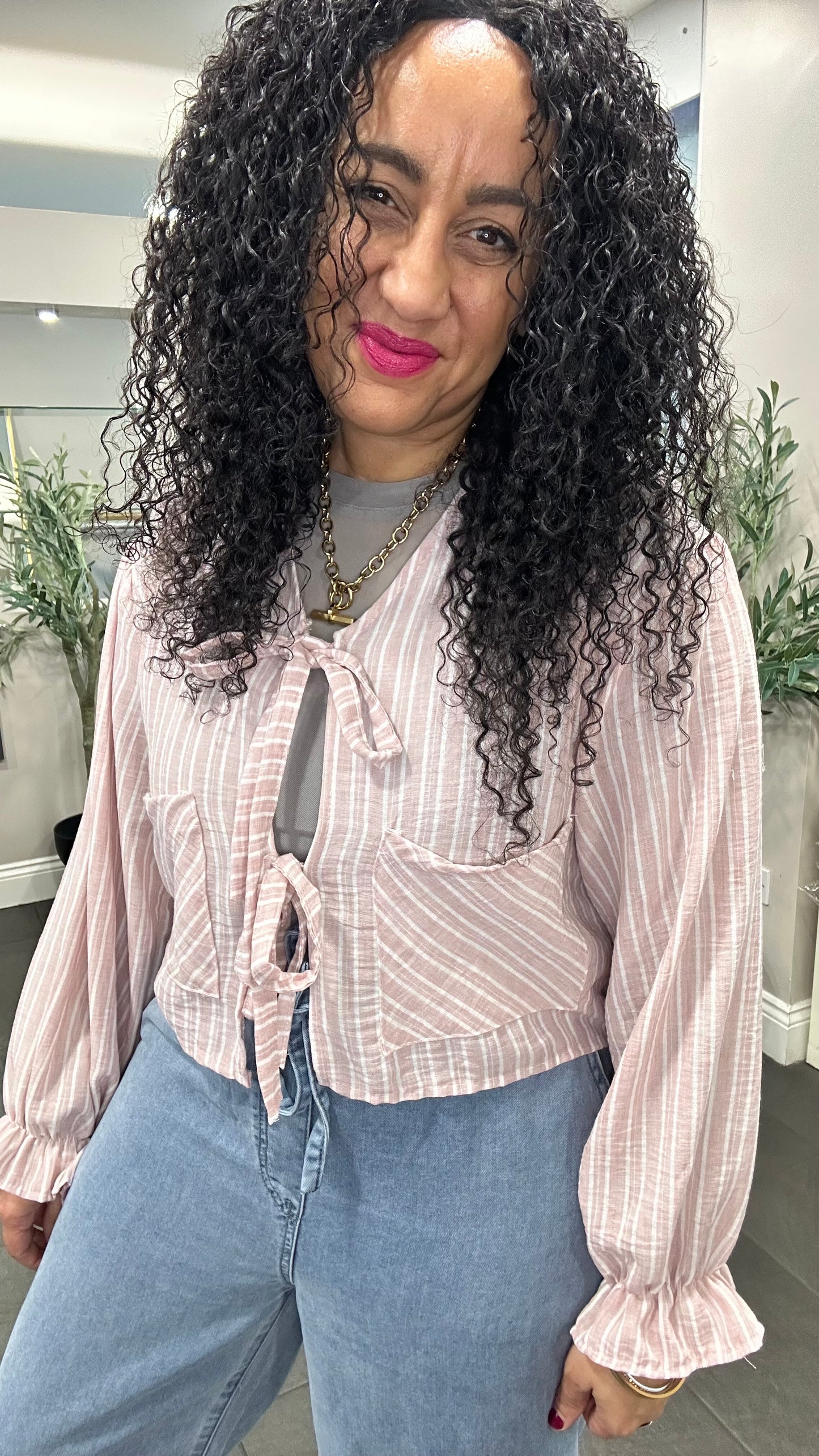 SALE AMY STRIPED FRONT TIE BLOUSE BLUSH PINK