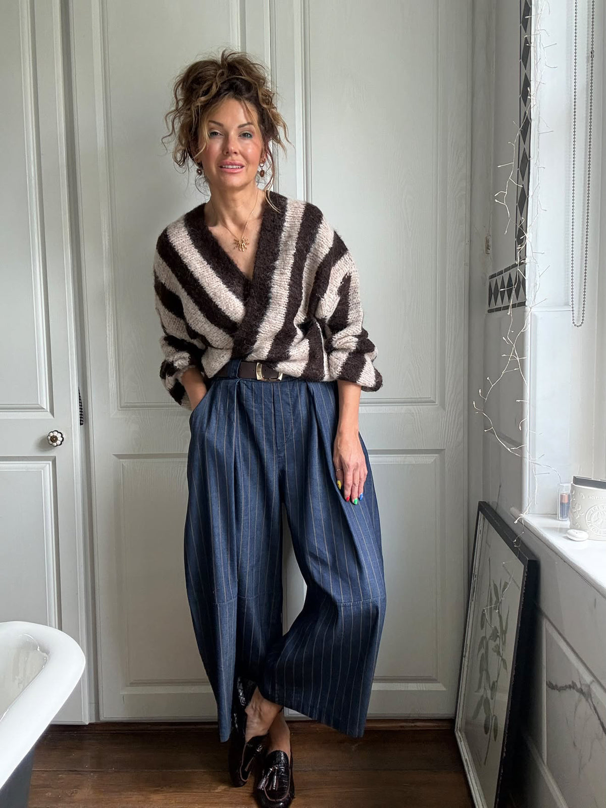 VESA STRIPE CARDIGAN CREAM & BROWN *New