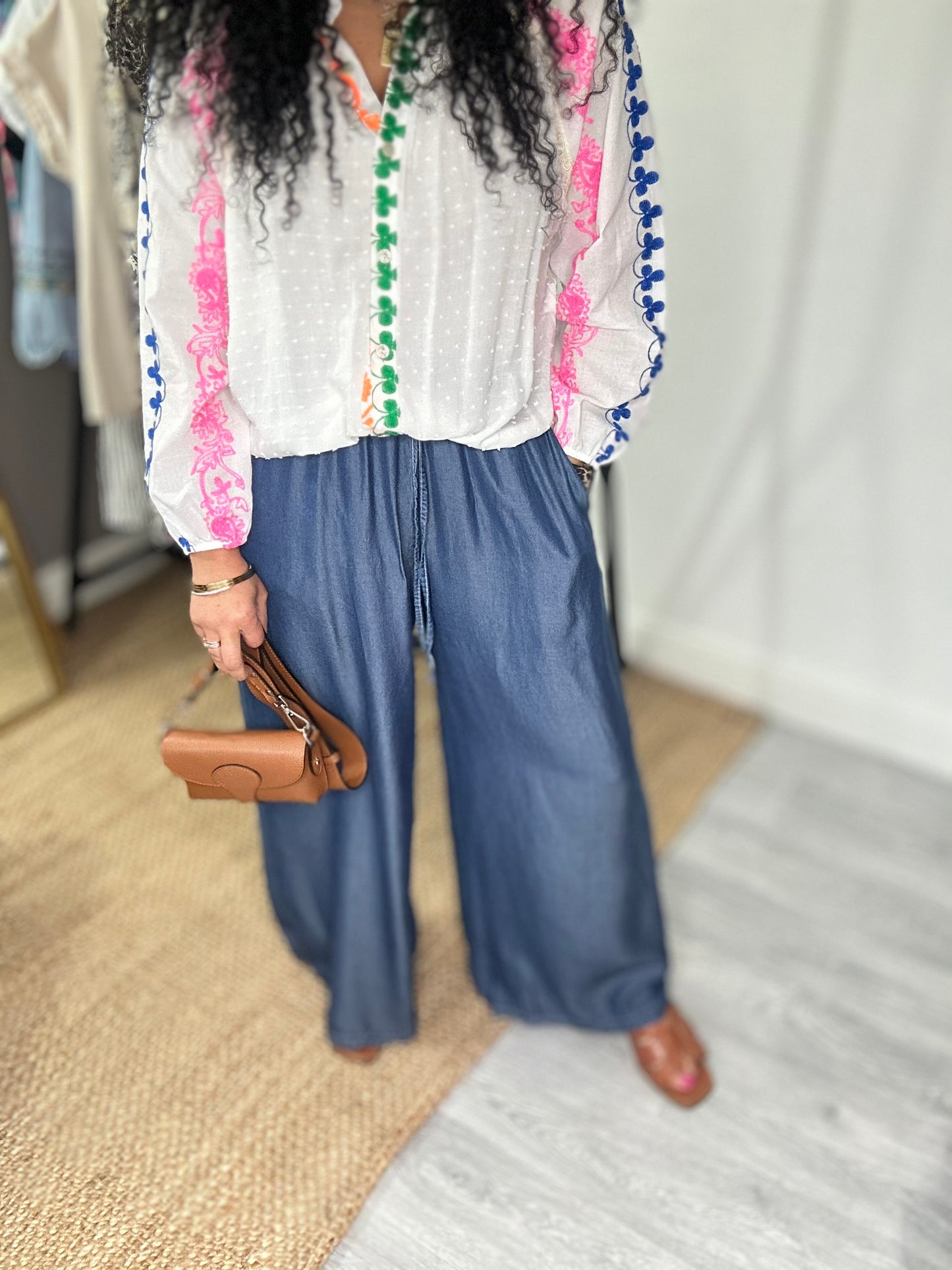 SALE DENIM BLUE CHAMBRAY WIDE LEG PALAZZO TROUSERS