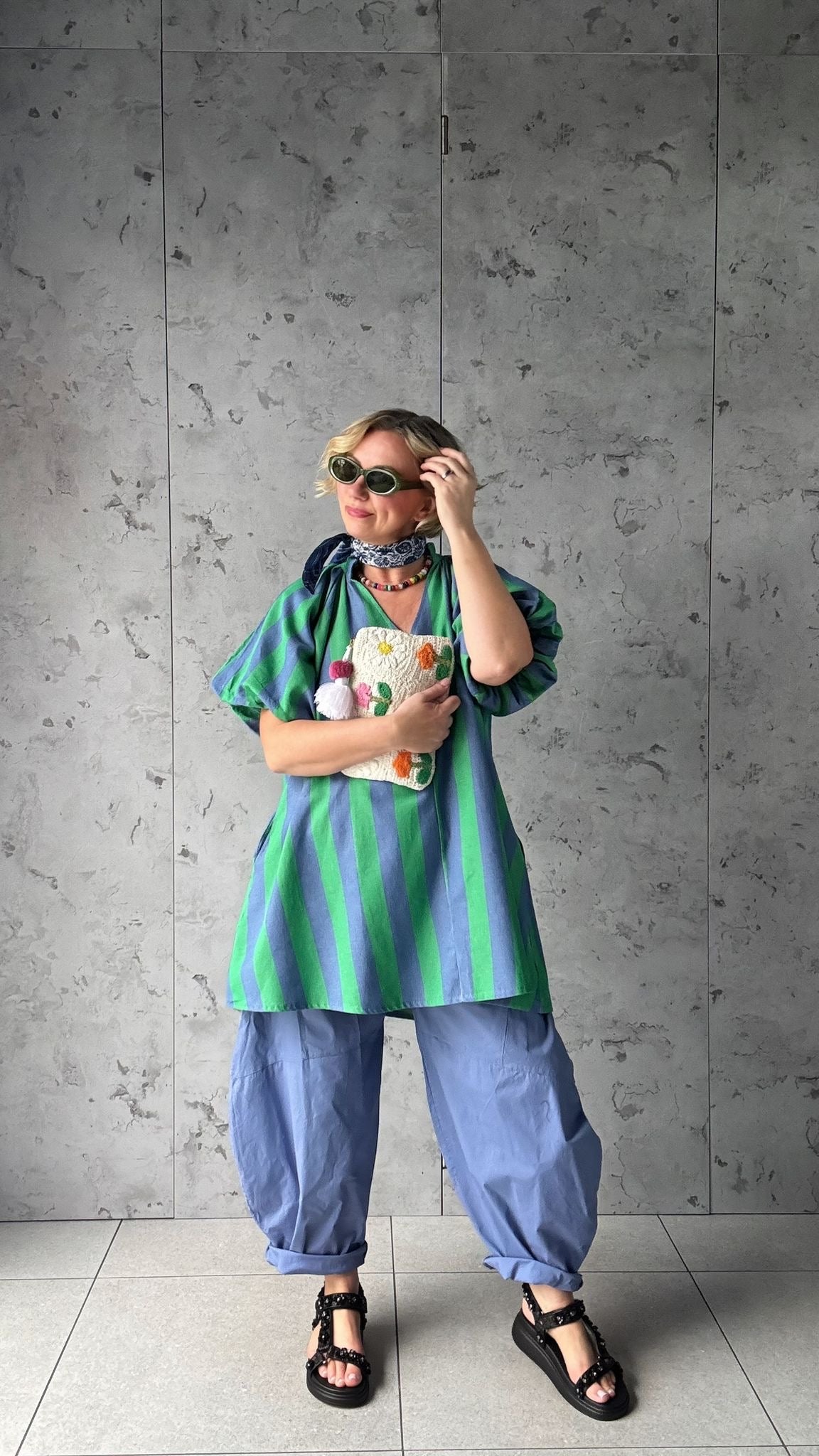 NESSA STRIPE SMOCK TOP / DRESS GREEN & BLUE *New