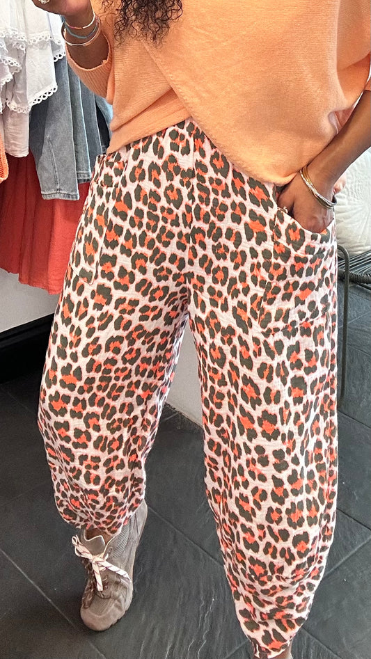 FRUITELLA LUXE LEOPARD BARREL LEG TROUSERS ORANGE & BROWN LEOPARD *New