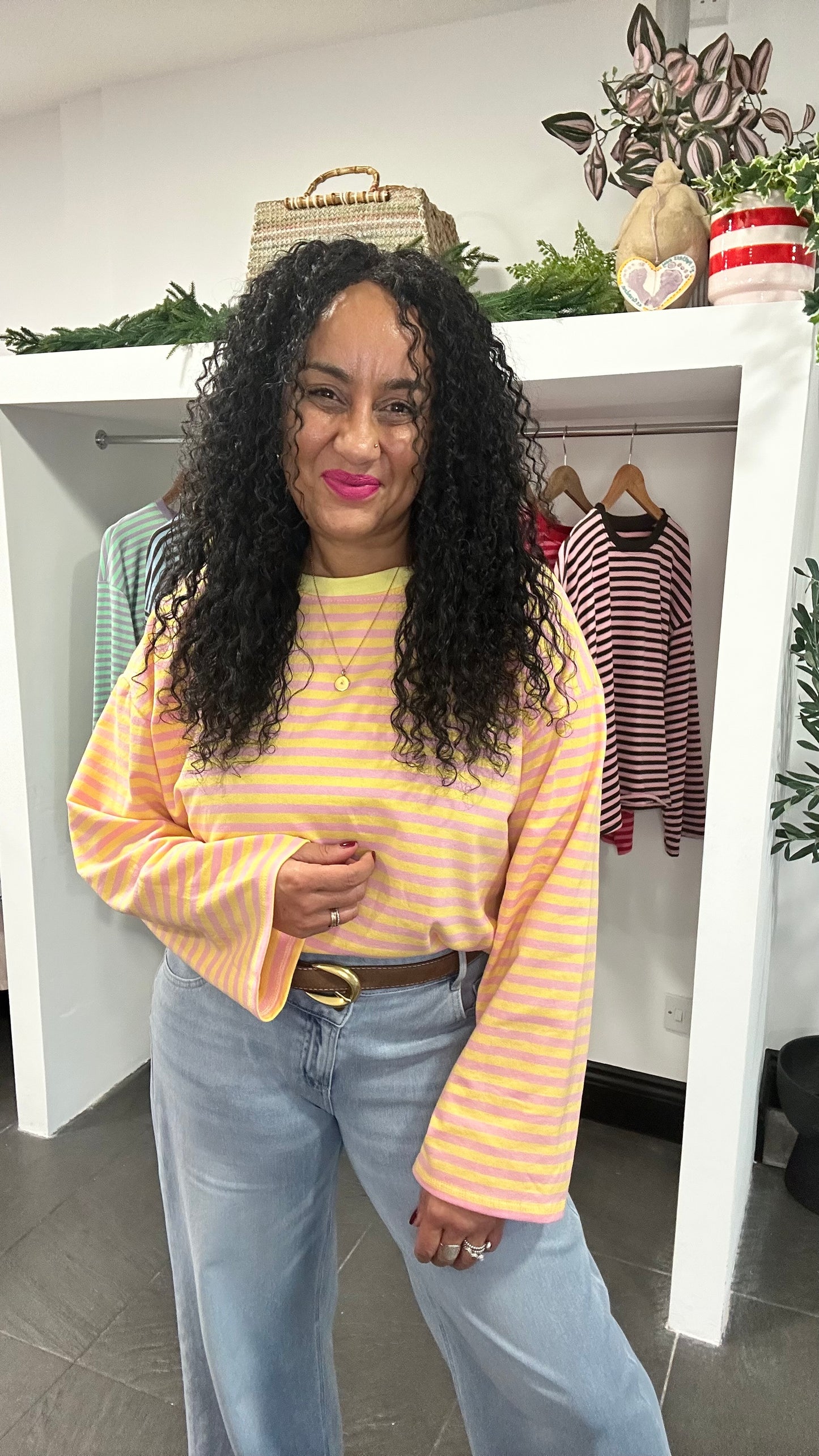 BELLE STRIPE TOP WITH WIDE SLEEVES YELLIOW & PINK *New