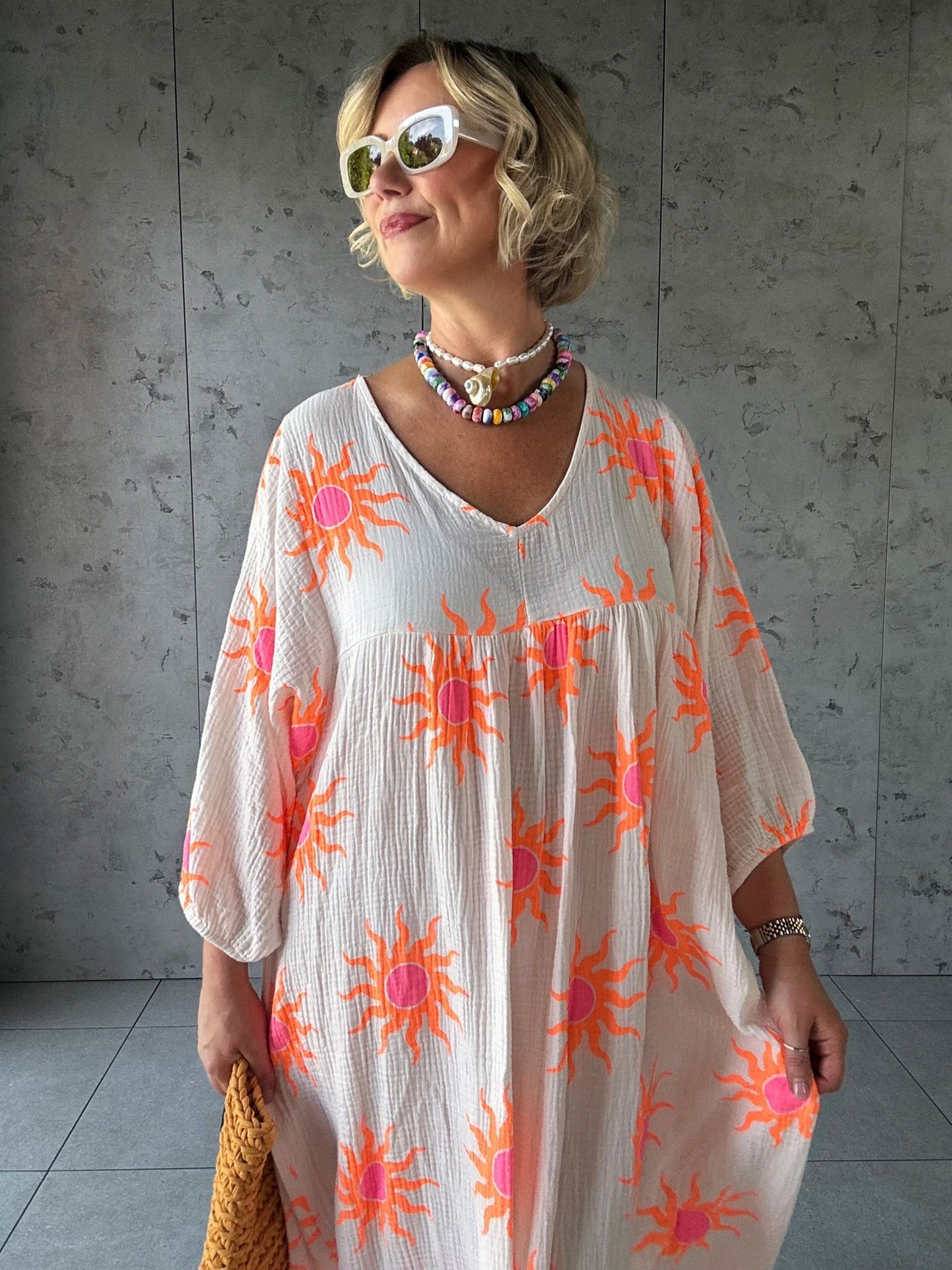 SALE SUNBURST SMOCK DRESS PINKY WHITE & ORANGE SUNBURST