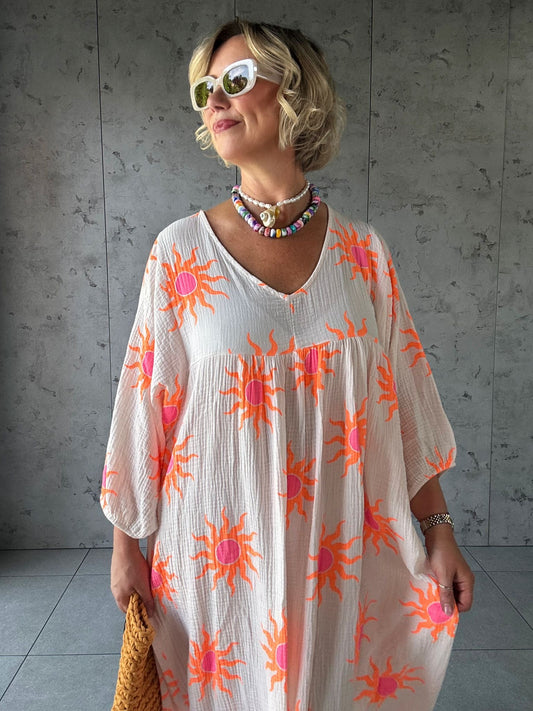 SUNBURST SMOCK DRESS PINKY WHITE & ORANGE SUNBURST *New