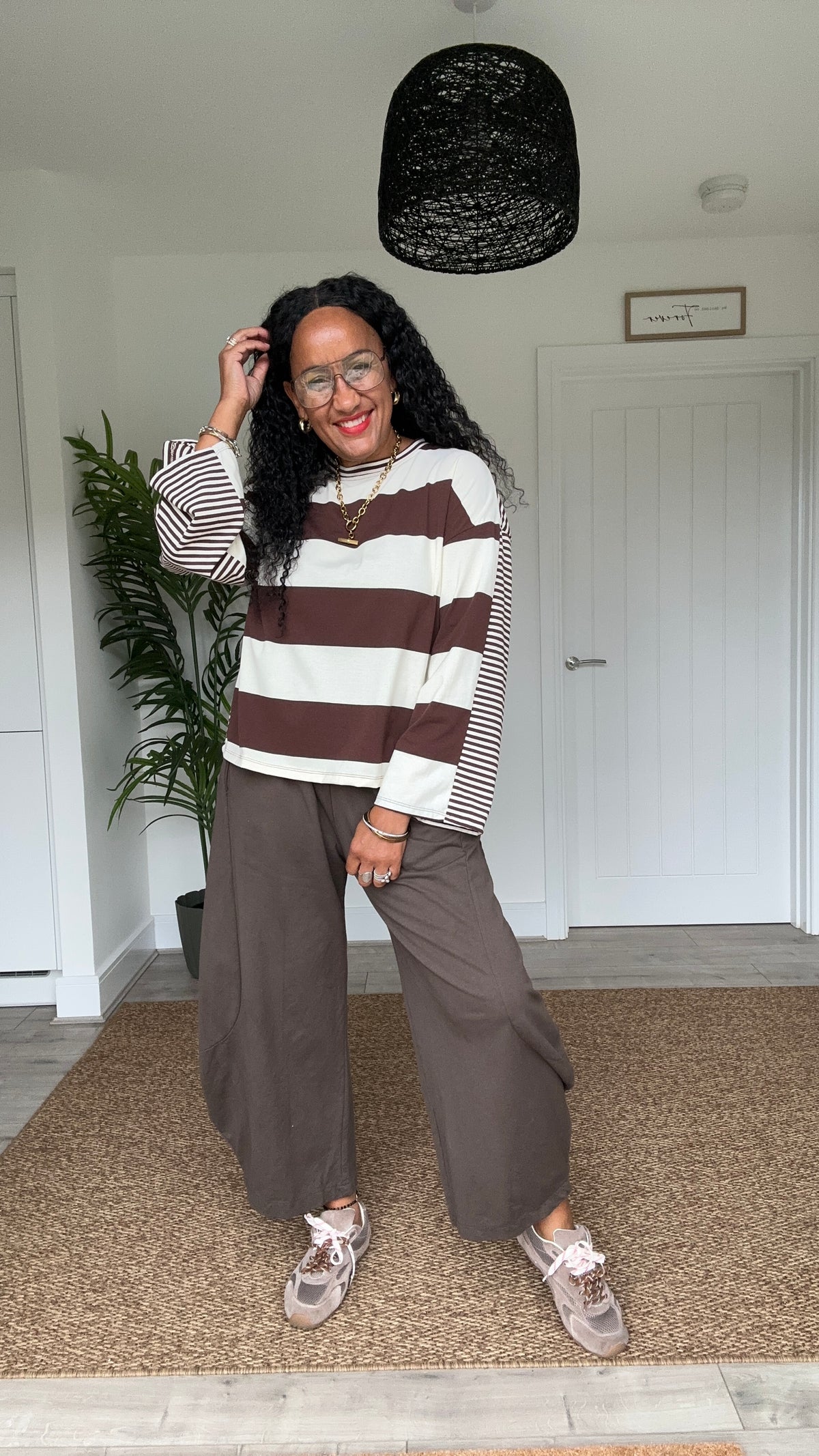 EIRA BLOCK STRIPE JERSEY TOP BROWN & BEIGE *New