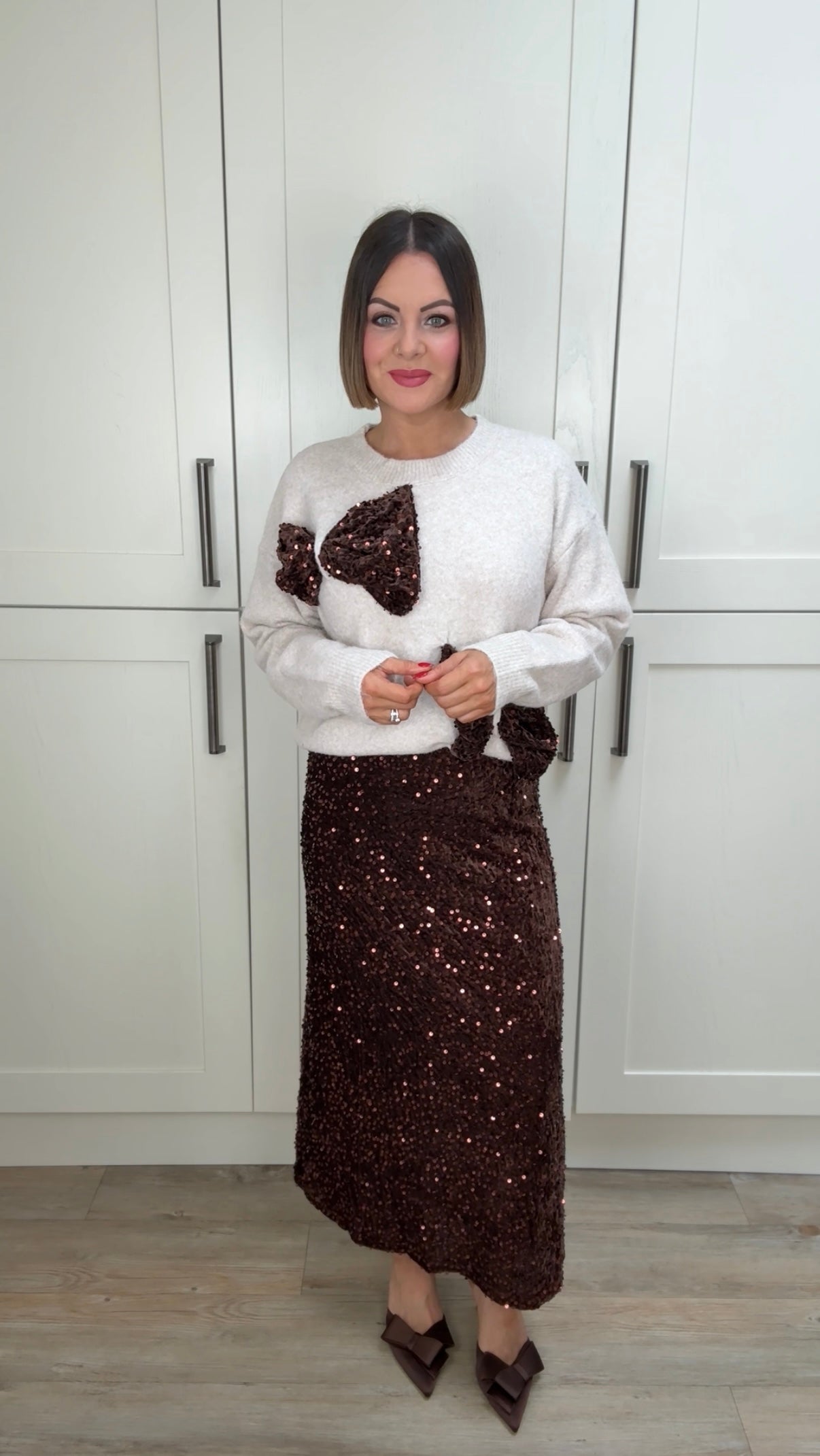 SARA VELVET SEQUIN MIDI SKIRT DEEP BROWN *New