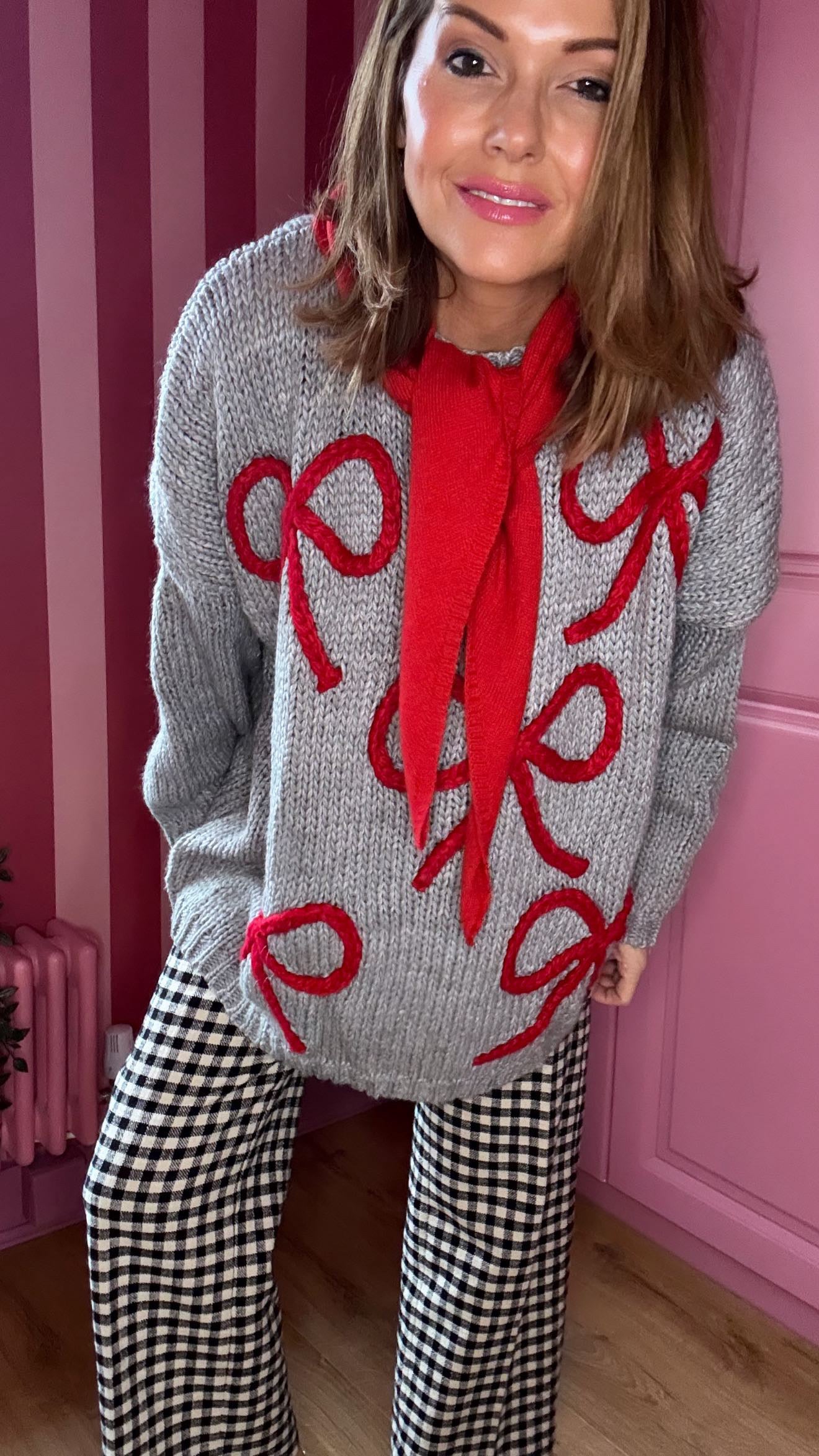 ALEX RIBBON BOW 🎀 OVERSIZED JUMPER HEATHER GREY & RED BOWS *New