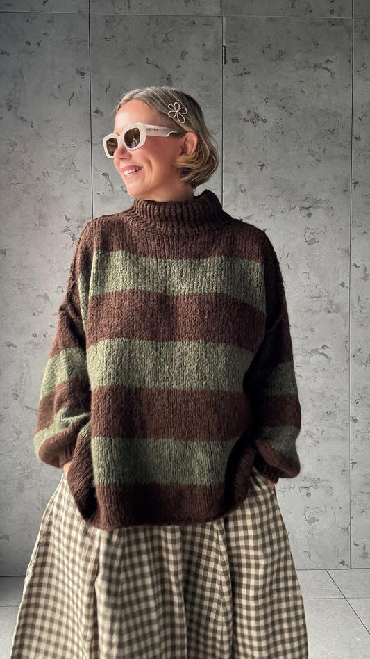 ALEX STRIPED RAW EDGE BALLOON SLEEVED JUMPER OLIVE 🫒 & BROWN *New