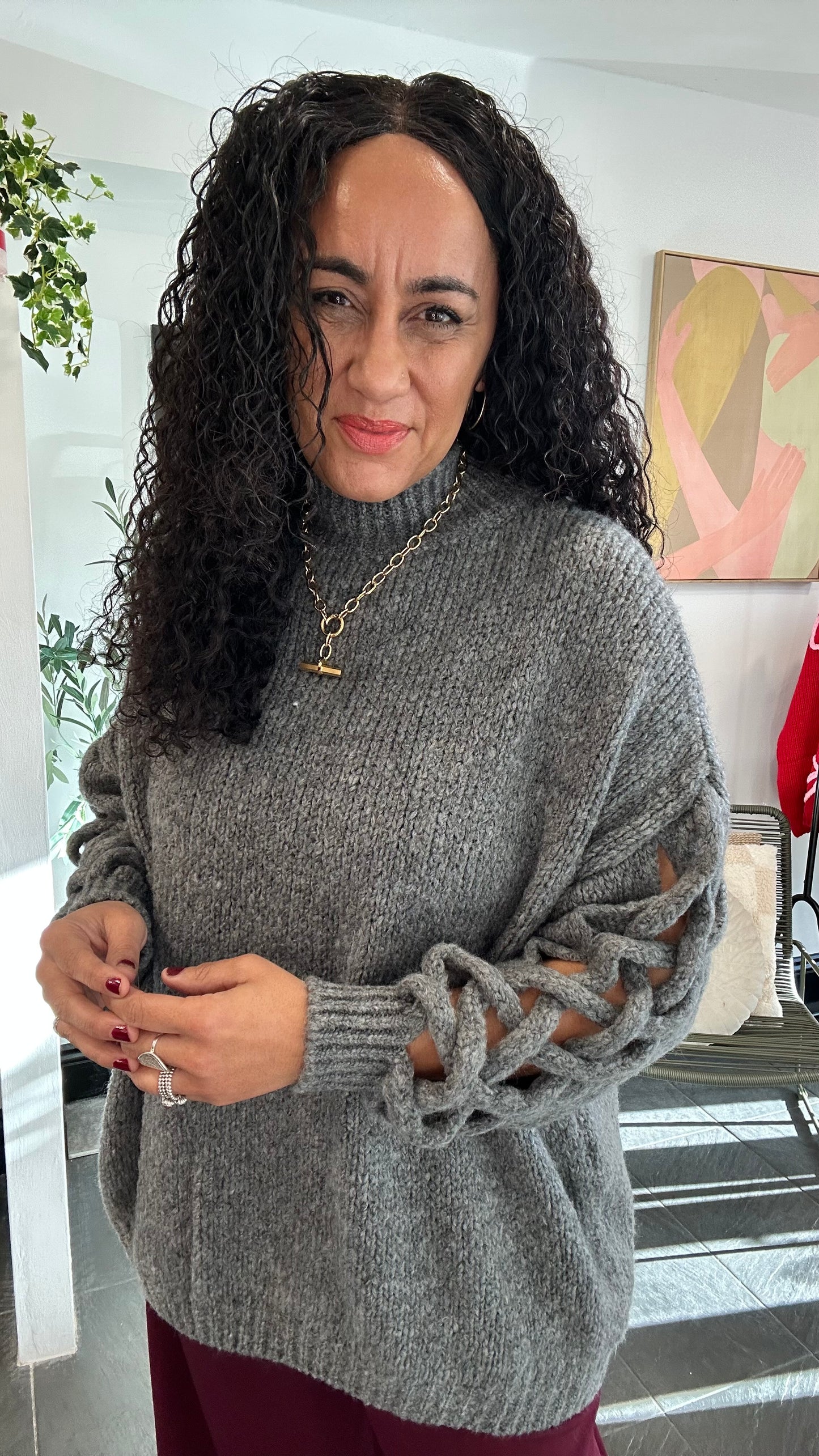 CUT OUT BALLOON SLEEVED OVERSIZED JUMPER HEATHER GREY *New