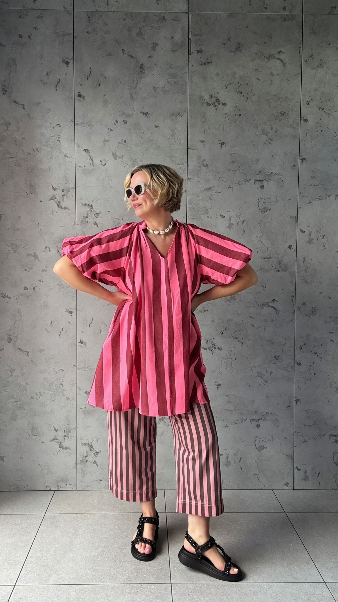 NESSA STRIPE SMOCK TOP / DRESS RED & PINK *New