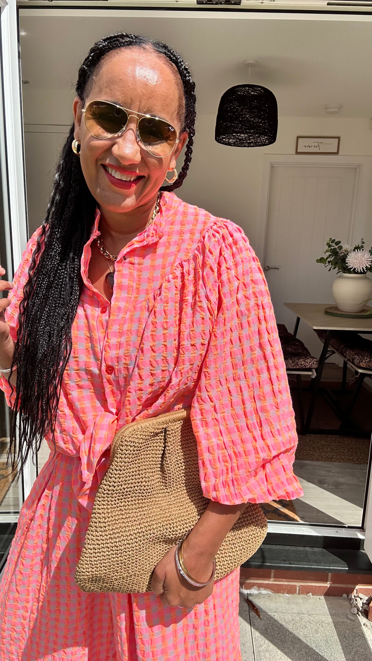IBIZA PERRIE GINGHAM BLOUSE CORAL & PINK *New