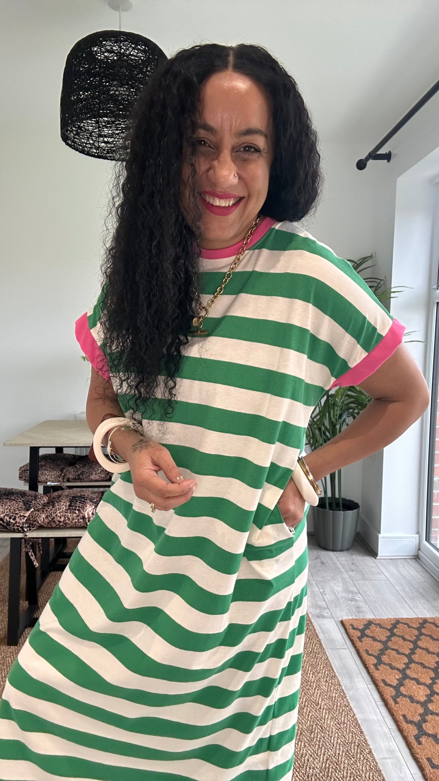 BETTY OVERSIZED T-SHIRT DRESS GREN & PINK CONTRAST TRIM *New