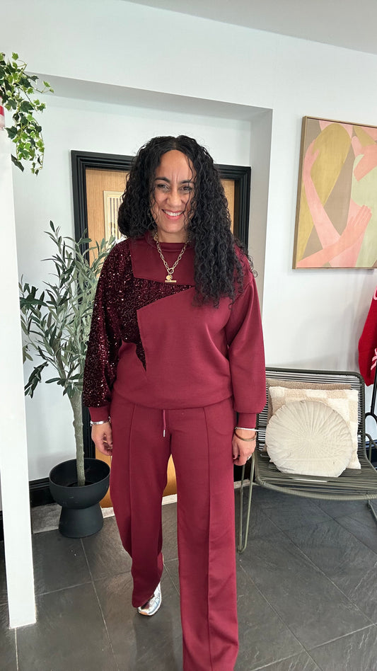 SALE SHELBY SEQUIN STAR LOUNGEWEAR SET BURGUNDY *New