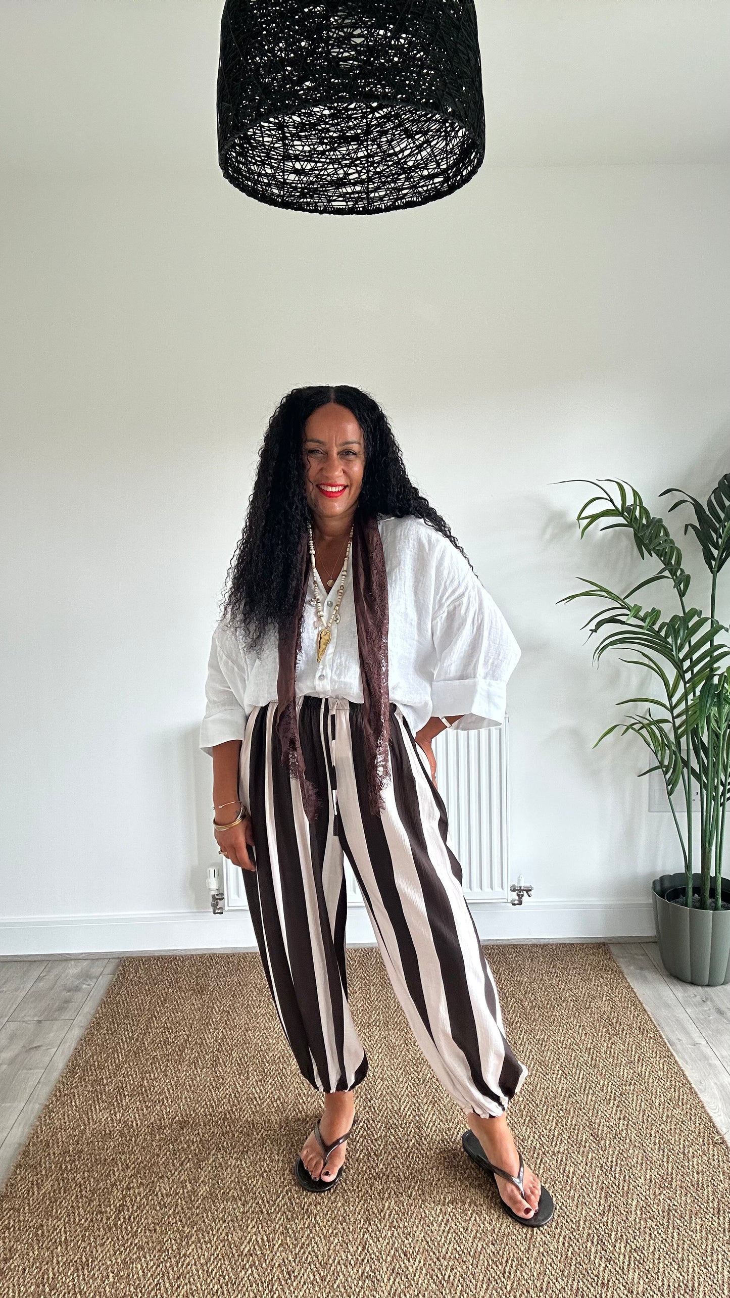 STRIPE BALLOON TROUSERS POWDER BROWN & CREAM *New