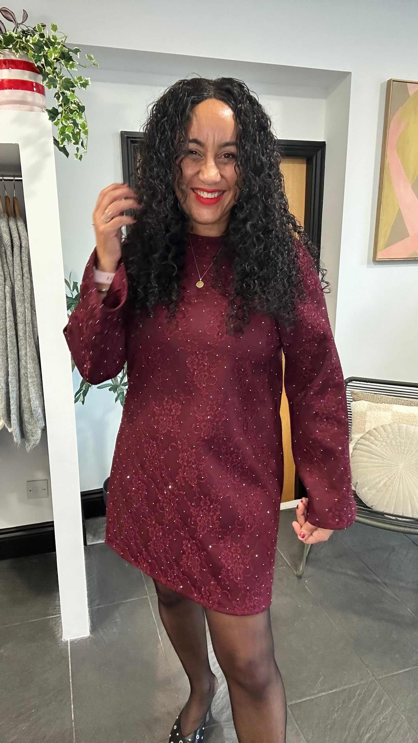 TERESA STUD DETAIL JACQUARD BOW BACK DRESS BURGUNDY WINE  *NEW