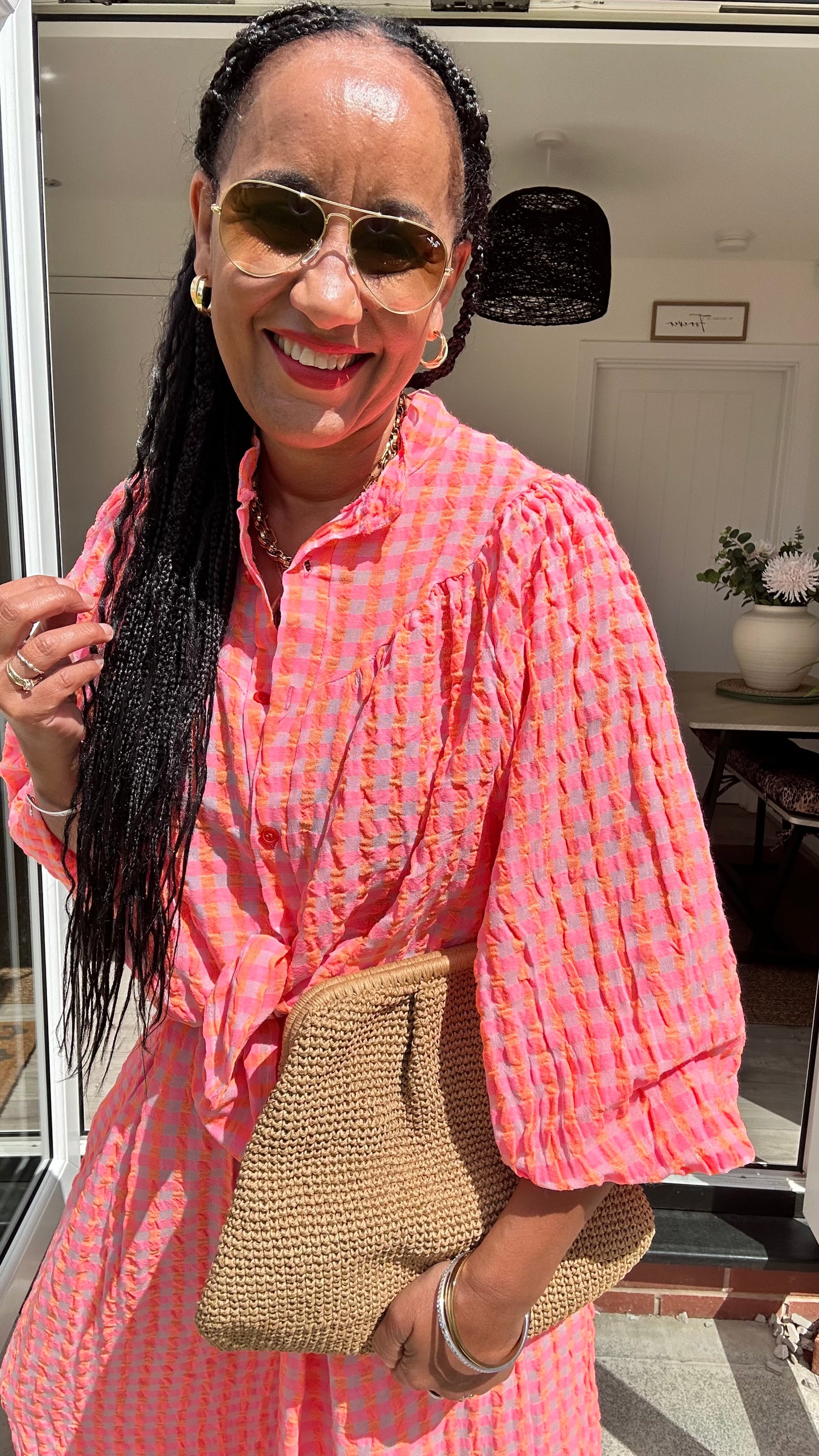 IBIZA PERRIE GINGHAM BLOUSE CORAL & PINK *New