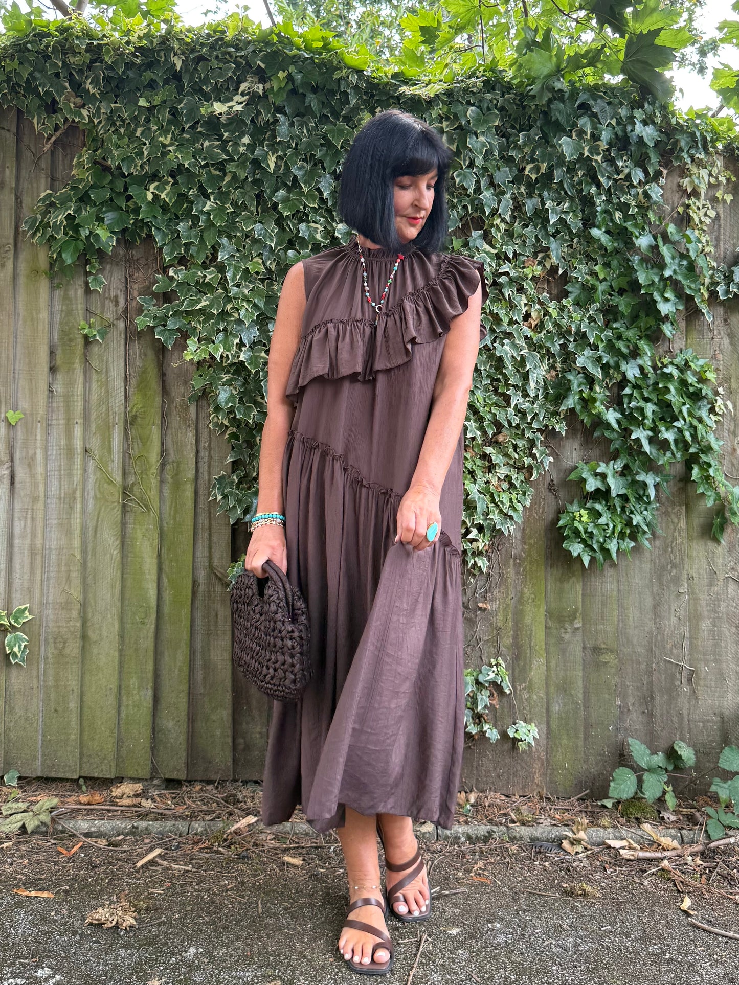 FLOWETRY FRILL MAXI DRESS DEEP BROWN *New