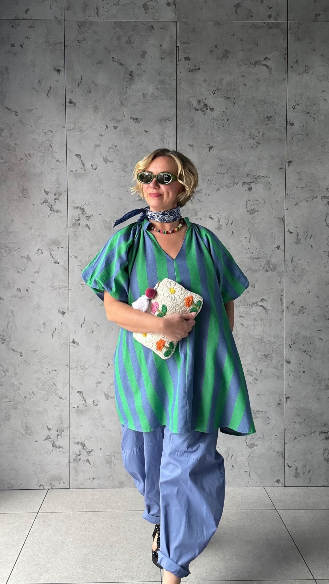 NESSA STRIPE SMOCK TOP / DRESS GREEN & BLUE *New