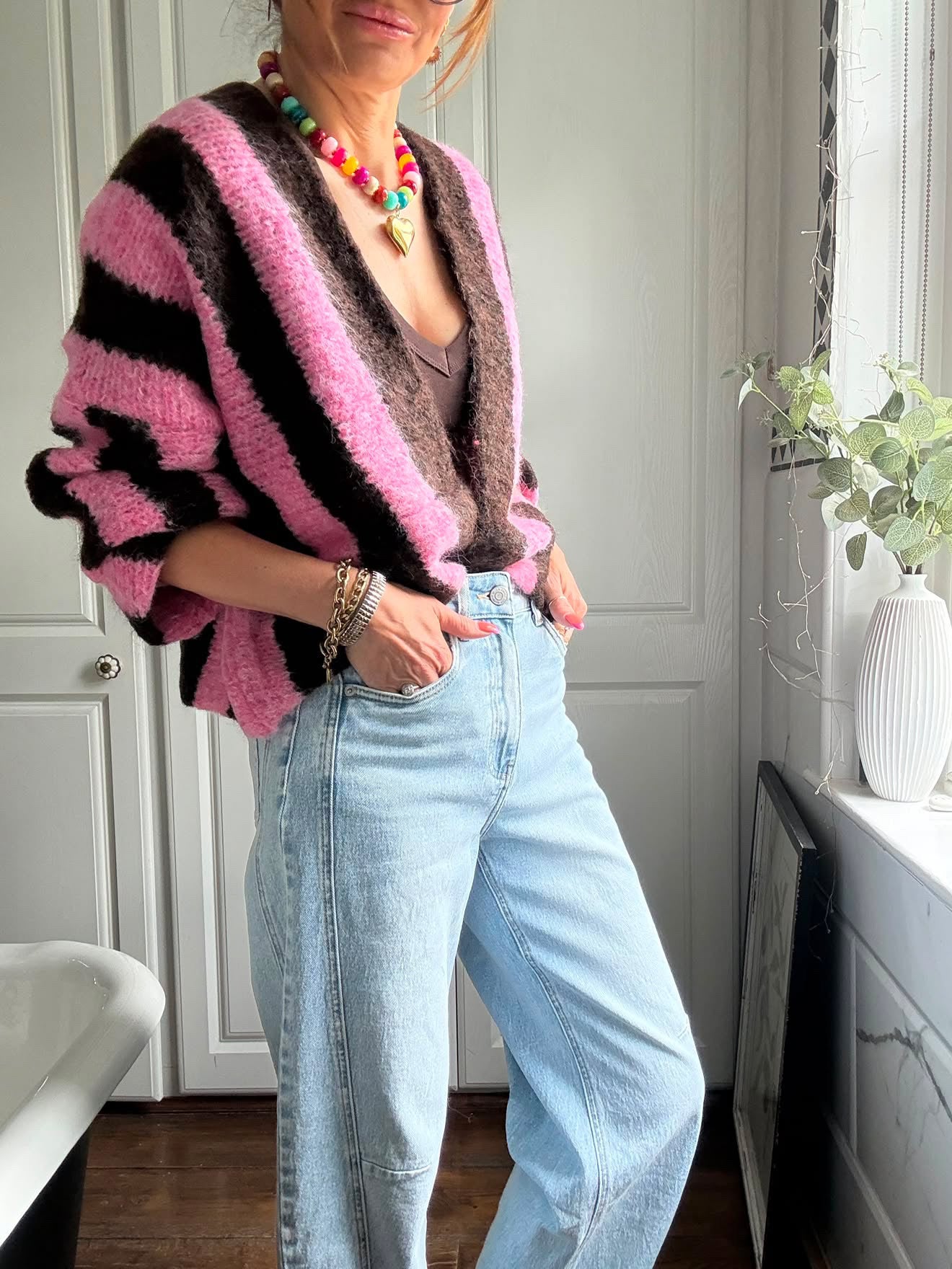 VESA STRIPE CARDIGAN PINK & BROWN *New