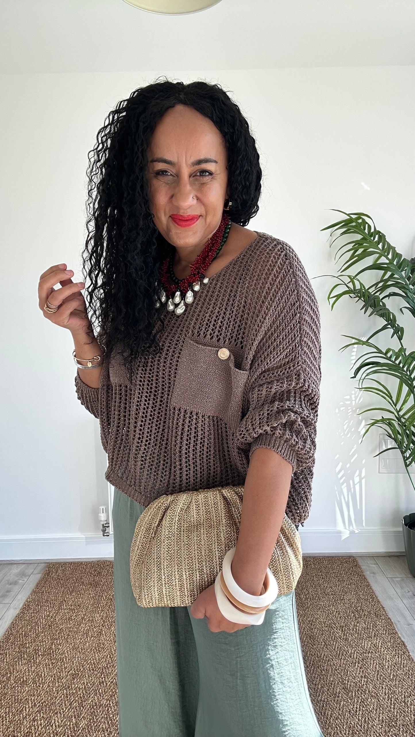 LUREX FISHERMAN CROCHET POCKET KNIT BROWN *New