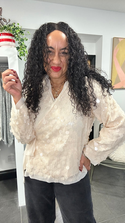 KRIS SEQUIN WRAP TIE BLOUSE IVORY *New
